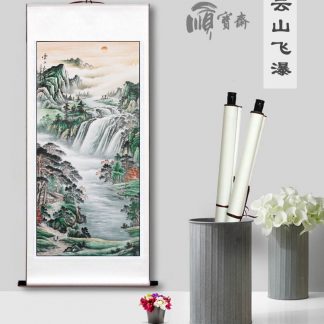 Lukisan Gulir Gulung Gantung pemandangan gunung dan sungai 60x142cm LG047