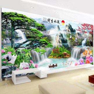 DIY Diamond Painting Full. Pemandangan Air terjun Pohon pinus dan bangau 120x50CM D562