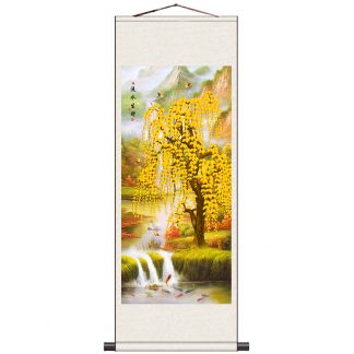 Lukisan Gantung Gulir Gulung Sungai Mengalir Pohon Uang 100x35CM LG058