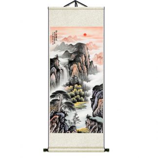 Lukisan Gantung Gulir Gulung matahari terbit pegunungan sungai 80x30CM LG065