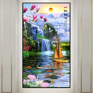 DIY Diamond Painting Full air terjun ikan koi kapal 90x50 cm D182
