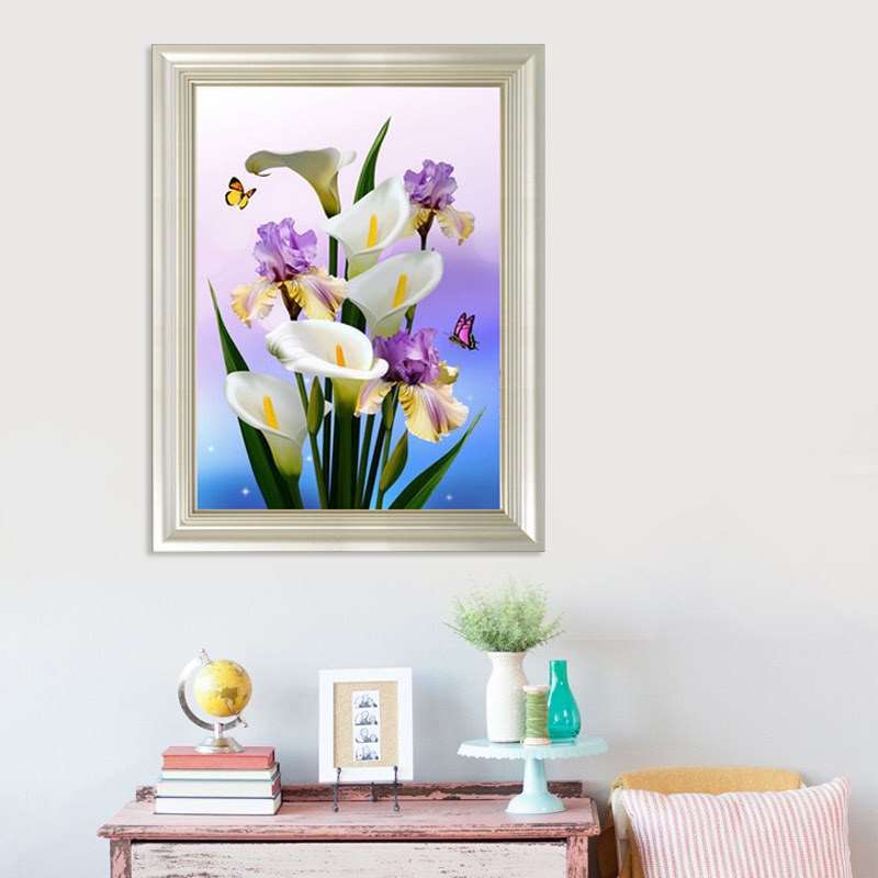 DIY Diamond Painting Full bunga lily putih anggrek ungu dan kupu-kupu 40x50 cm D409 - Image 3