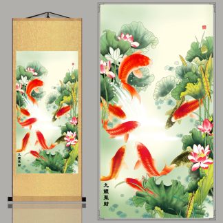 Lukisan Gantung Kain 9 koi ikan koi emas orange dan teratai (30x80 cm) LG134