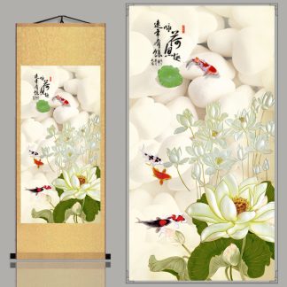 Lukisan Gantung Kain Ikan koi dan teratai (30x80 cm) LG138