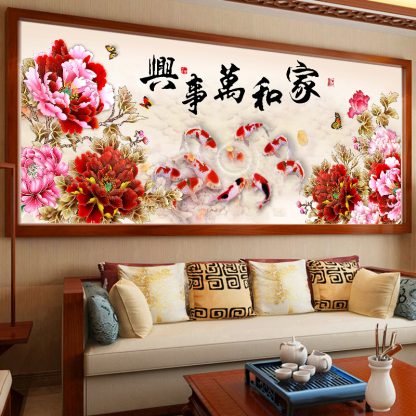 DIY Diamond Painting Full 9 ikan koi sembilan koi keluarga harmonis bunga peony 150x65 cm D462B - Image 3