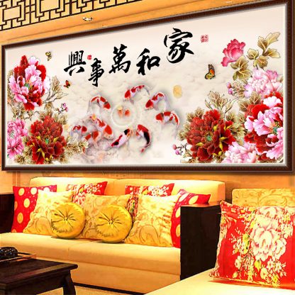 DIY Diamond Painting Full 9 ikan koi sembilan koi keluarga harmonis bunga peony 150x65 cm D462B