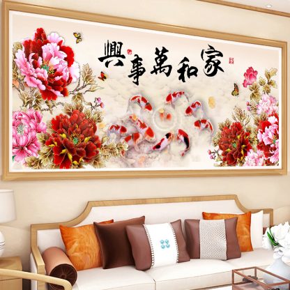 DIY Diamond Painting Full 9 ikan koi sembilan koi keluarga harmonis bunga peony 150x65 cm D462B - Image 2